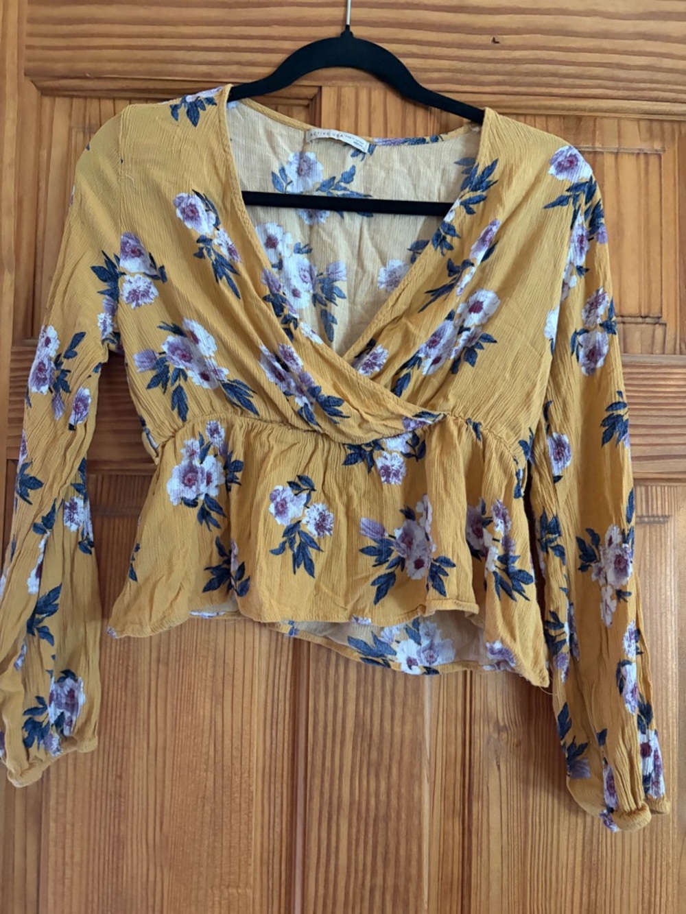 Active USA Mustard Floral Wrap Peplum Blouse
